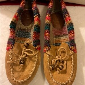 The Sak Tan Multicolor Suede Moccasins with Multicolor Knit Trim